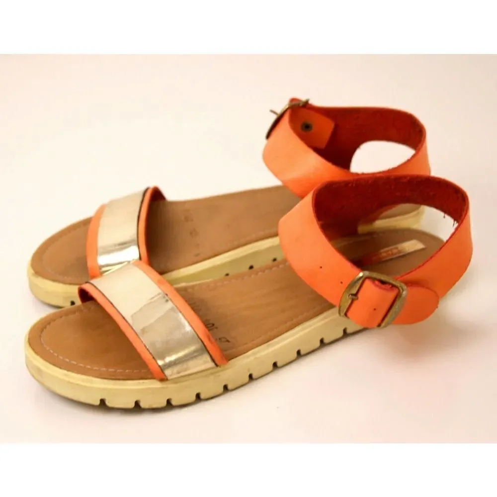 G'S GABRIELA'S ORANGE GOLD LEATHER ROUND TOE FLAT SLINGBACK SANDALS SHOES Sz 8.5